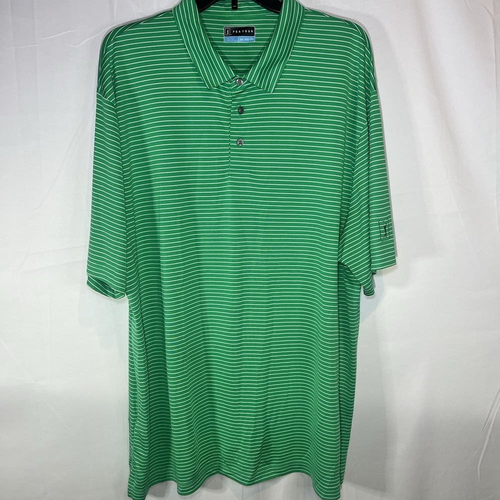 PGA TOUR Shirt Mens 2XL Green Striped 100‎ Polyester Short Sleeve Polo Golf Polo